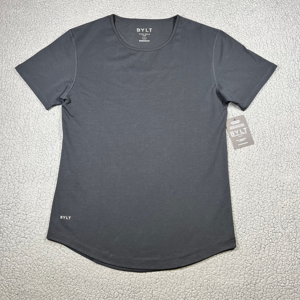 BYLT Basics Curved Hem T-Shirt Wide Neck Lux Men L Athletic Fit Black Tee